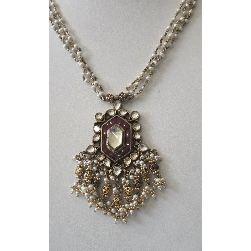 Vintage Indian Bollywood Gold Tone Kundan Choker Necklace Brass Faux Pearl